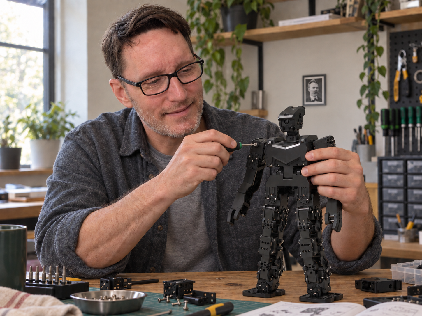 AI-created portrait of Tyson Koska assembling a tabletop humanoid robot at a workbench
